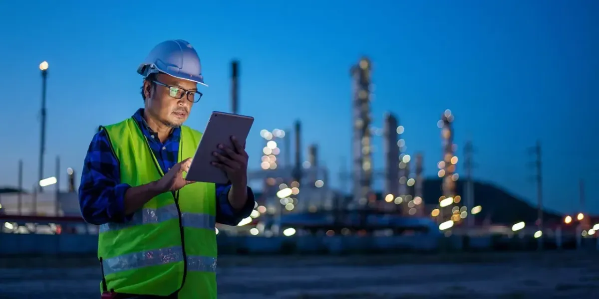 Construction worker using a tablet in front of a city skyline