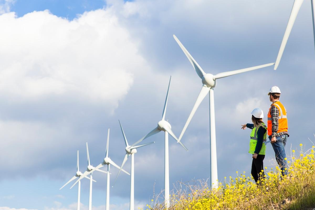 Two workers viewing windmills on a hill.