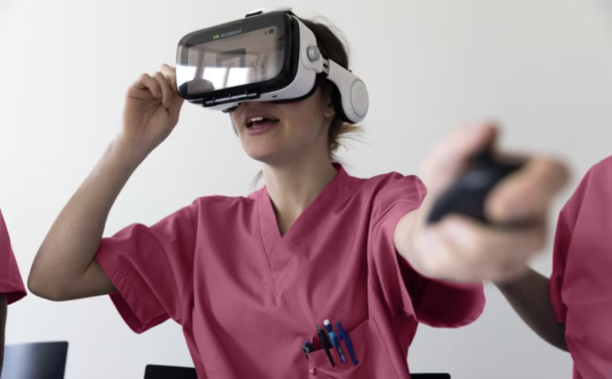 Virtual Training being done by a woman wearing a Virtual Reality headset.