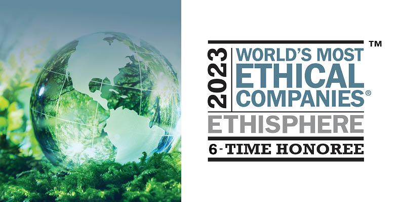 "2023 World's most ethical companies. Ethisphere 6-time honoree" A clear globe on a green foliage mat.
