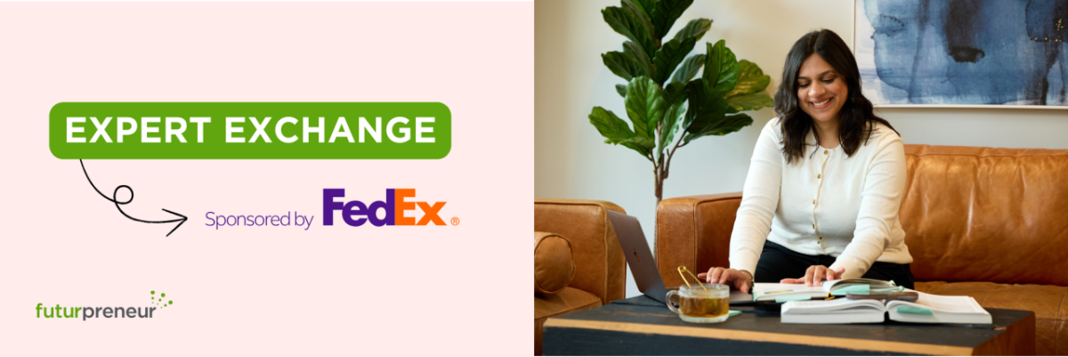 "Expert Exchange Sponsored by FedEx" next to image of woman working on laptop