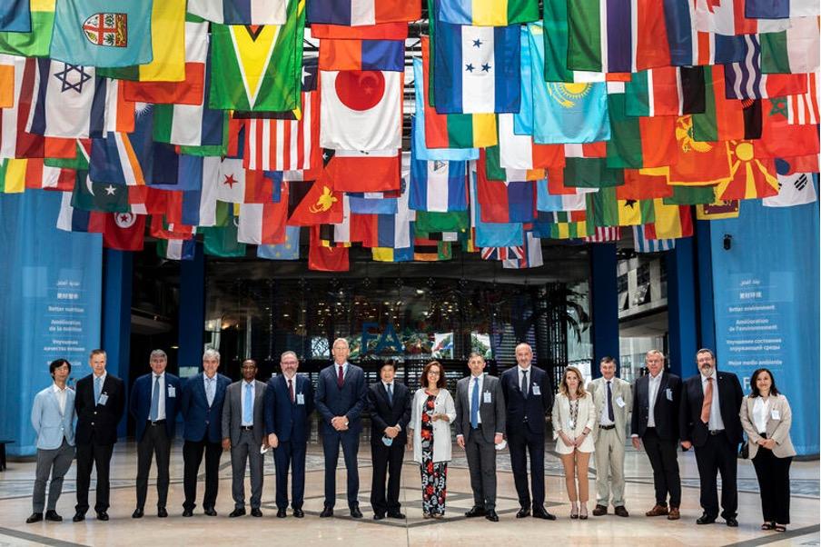 Group of people standing under a large display of many flags