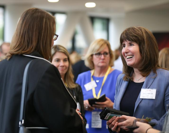 Mary Ann Kirsch (right), Director of Global Services Purchasing at FCA US LLC, networks with women leaders at the Company’s “W2W Mixer” held Thursday, Sept. 13, 2018, during the 19th annual MatchMaker supplier diversity event. Created by the FCA Women’s Alliance business resource group, the event linked women business owners with top FCA female leadership.