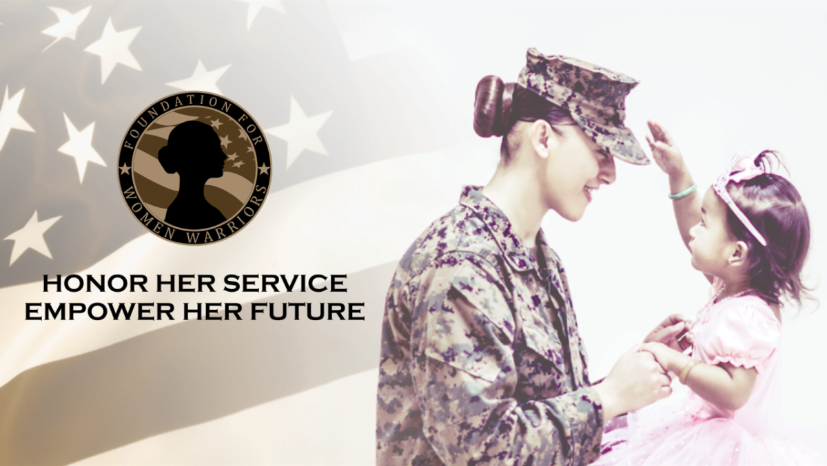 A service woman is shown with her young daughter in front of an American flag with the Foundation for Women Warriors logo.