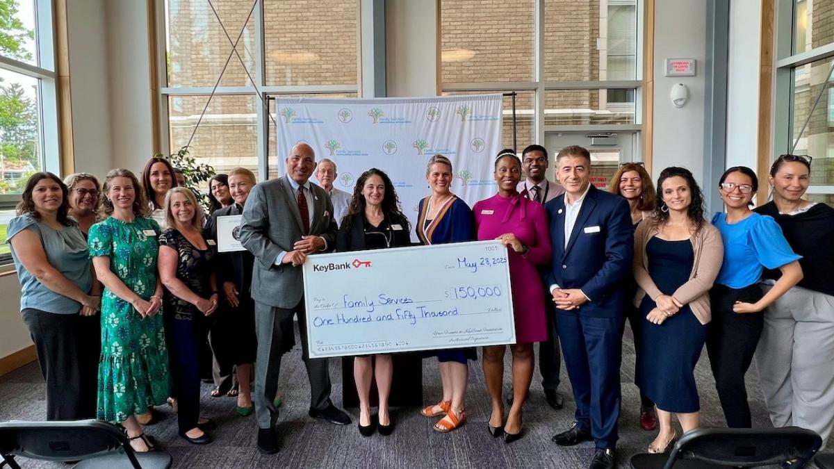 Joined by representatives from Dutchess County and Senator Rolison’s office, KeyBank and Family Services celebrate a gift of $150,000 to support teen mental health and wellness programming.