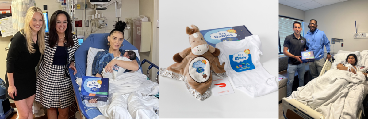 Collage of new parents in hospital beds, receiving gifts from bank representatives.