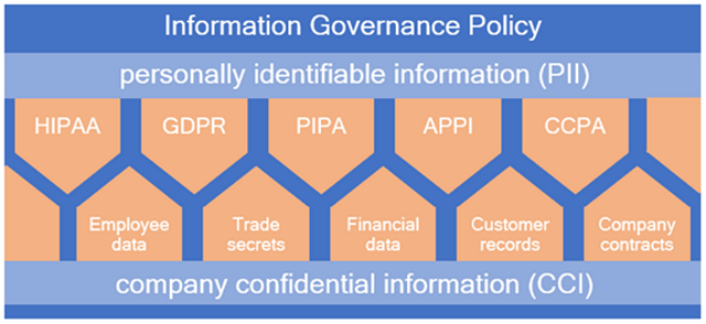 Info graphic "Information Governance Policy" personally identifiable information (PII) and examples like HIPAA, GDPR, PIPA, APPI etc.