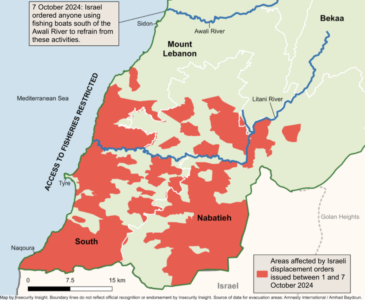 Areas affected by the Israeli displacement orders between 1 and 7 October 2024.