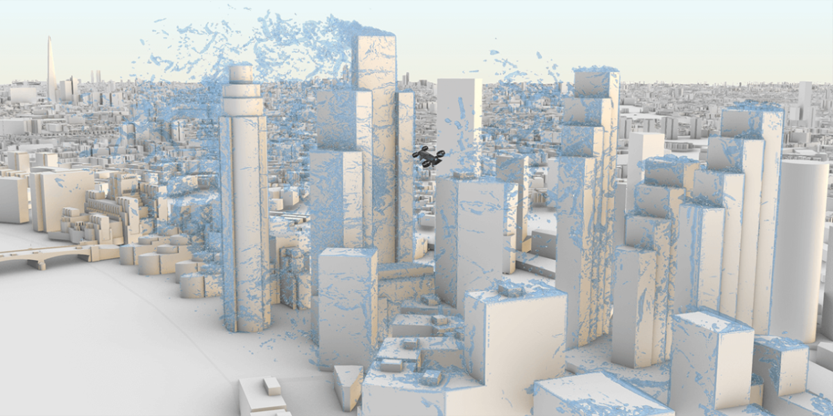 model city of tall buildings and skyscrapers, blue dots representing air flow and pockets