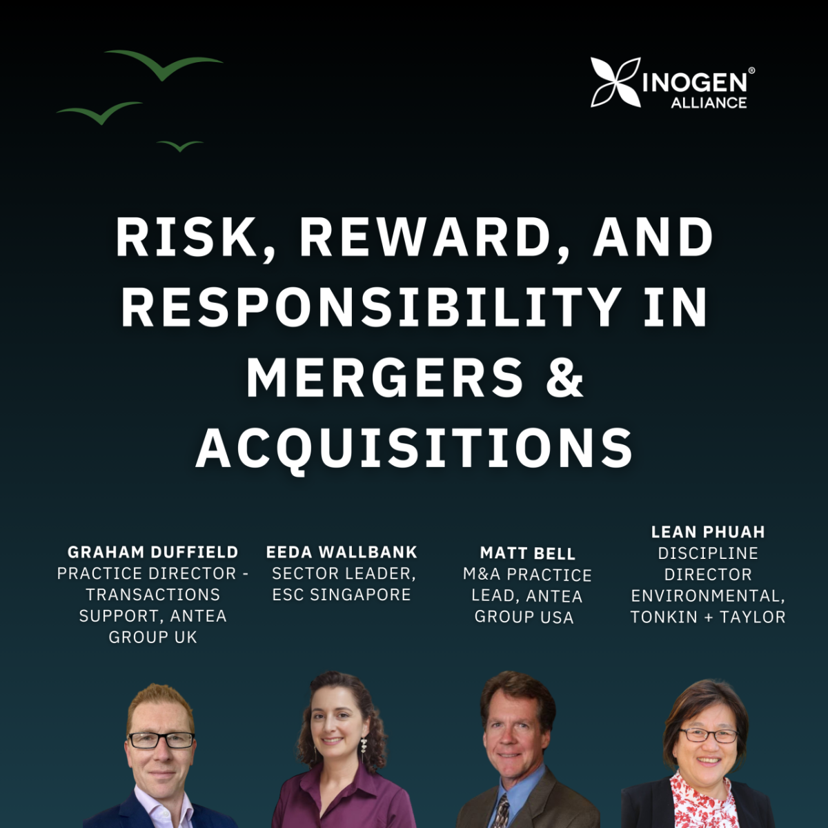 Headshots of podcast hosts with the words, "Risk, Reward, and Responsibility in Mergers & Acquisitions"