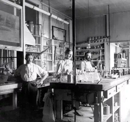 A black and white photo of the first analytical lab