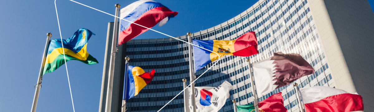 Different flags in front of a building