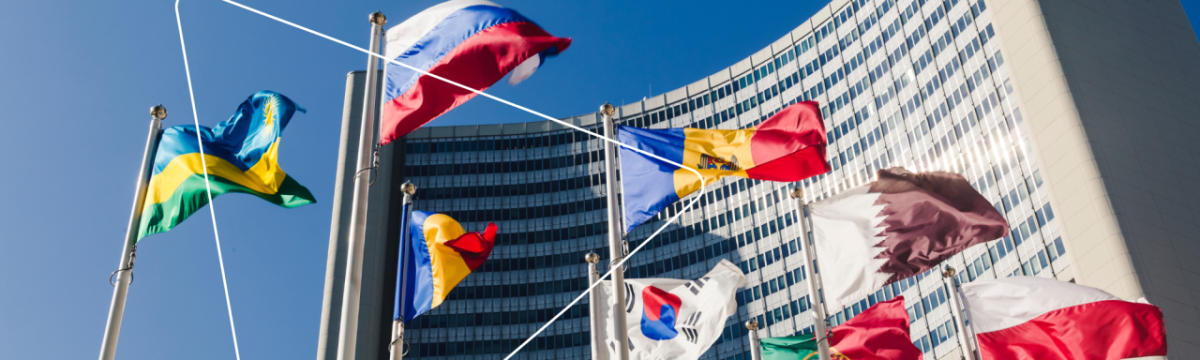 Different flags in front of a building 