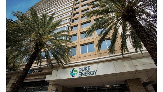 Duke Energy building with trees either side of the entrance