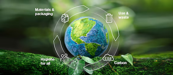 Globe shown with sustainability terms: Carbon, use and waste, materials and packaging and hygiene for all.