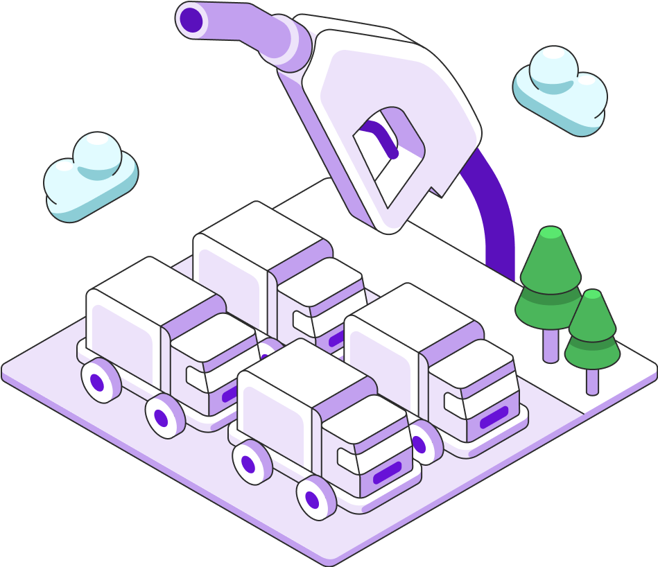 Fuel nozzle floats above a fleet of delivery trucks. 