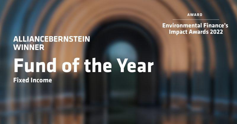 "AllianceBernstein Fund of the Year Fixed Income" "Award: Environmental Finance's Impact Awards 2022". On a background of out of focus arches.