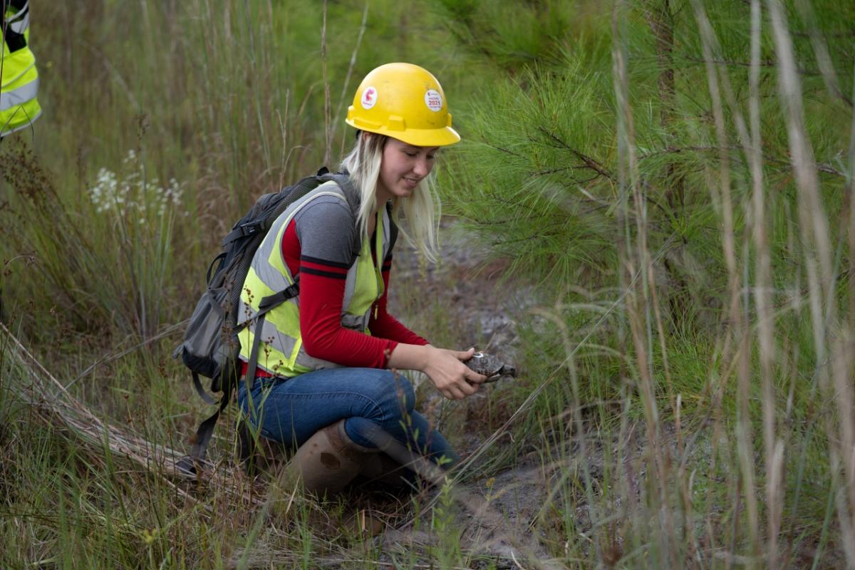 employee with hardhat squats in field