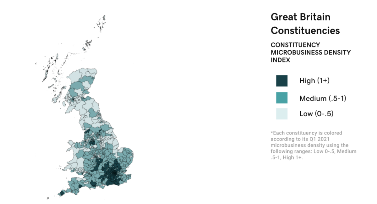 Map of Great Britian. Great Britain Constituencies CONSTITUENCY MICROBUSINESS DENSITY INDEX High (1+) Medium (.5-1) Low (0-5) *Each constituency is colored according to its Q1 2021 microbusiness density using the following ranges: Low 0-.5, Medium .5-1. High 1+.