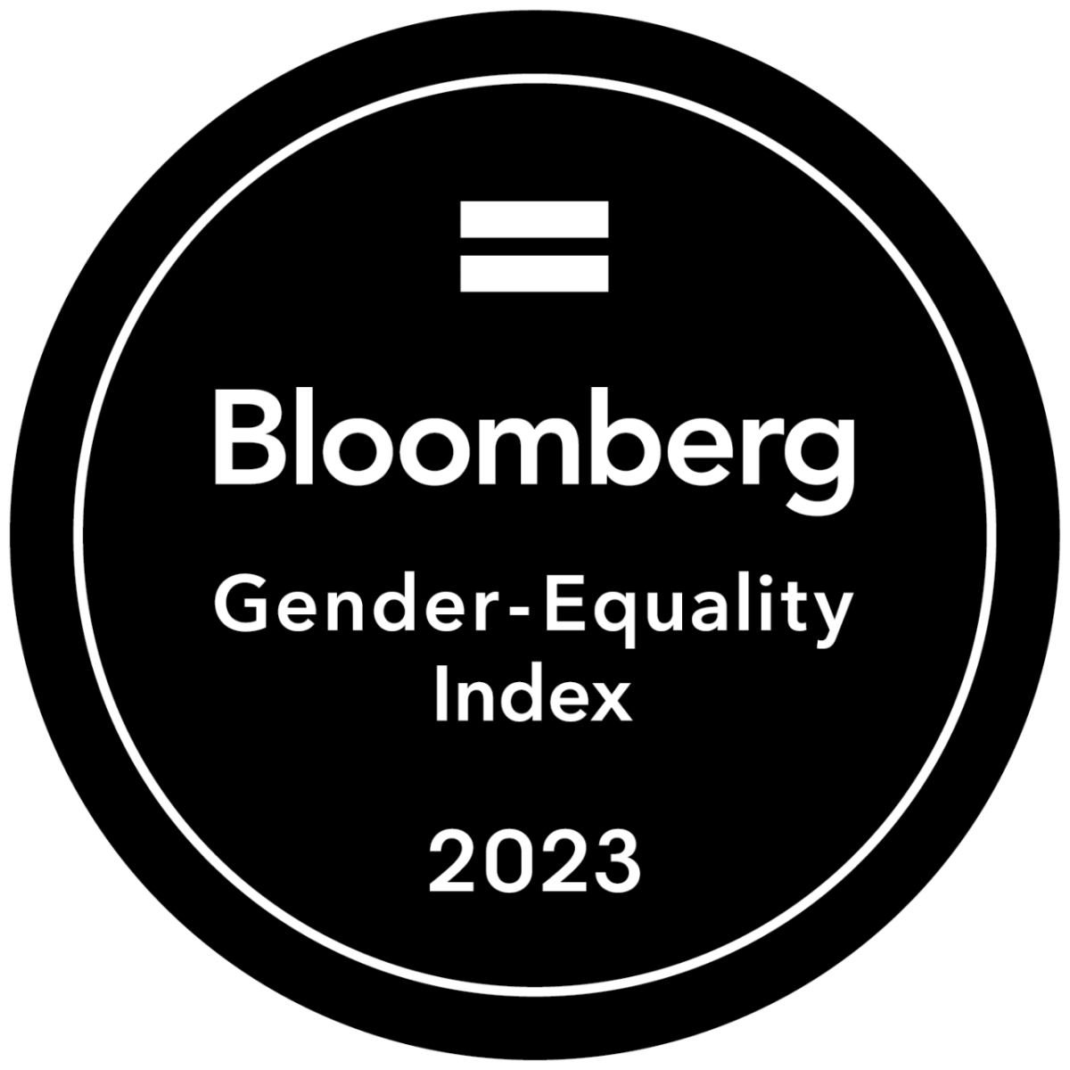 Black circular seal "Bloomberg + Gender-Equality Index 2023"
