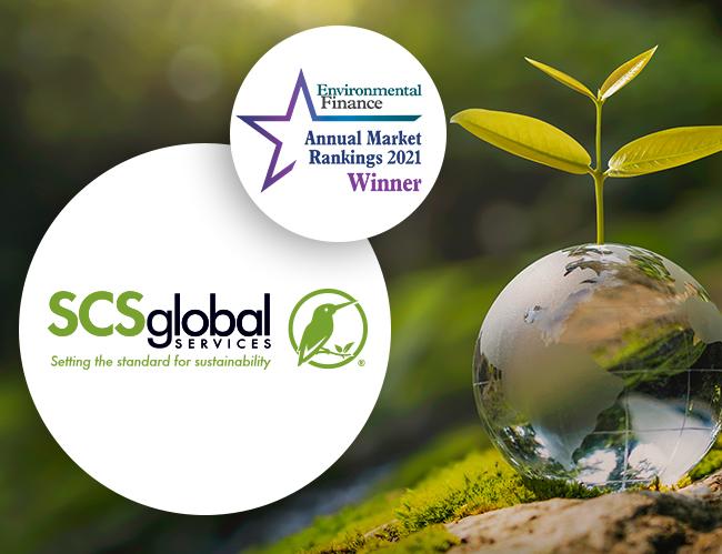 Water droplet shaped as globe with plant coming out of it. SCS global: Environmental Finance award winner