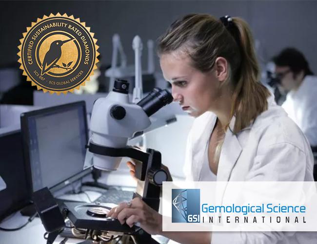 Woman looking through microscope, SCS-007 logo and Gemological Science International logo overlay in top left and bottom right corners