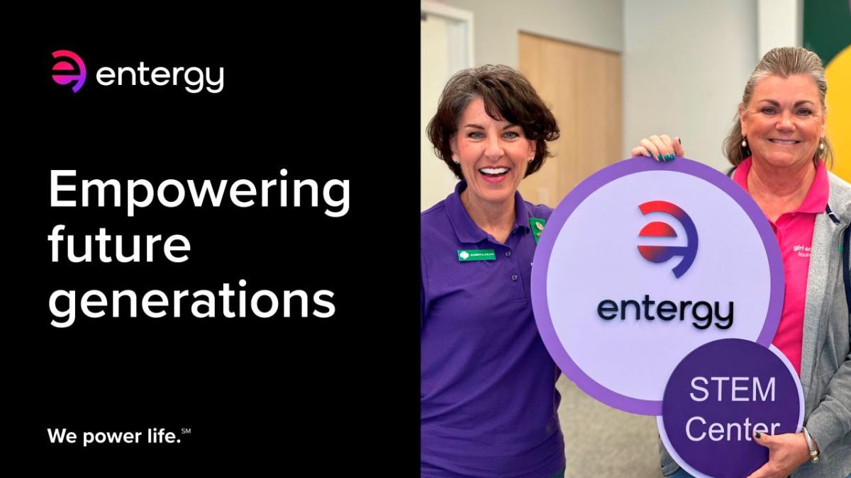 Kathryn Collins, Senior Vice President and Chief Human Resources Officer, Entergy and Dr. Rebecca Pennington, Chief Executive Officer, Girl Scouts Louisiana East, hold the naming sign for the Entergy STEM Center. " "
