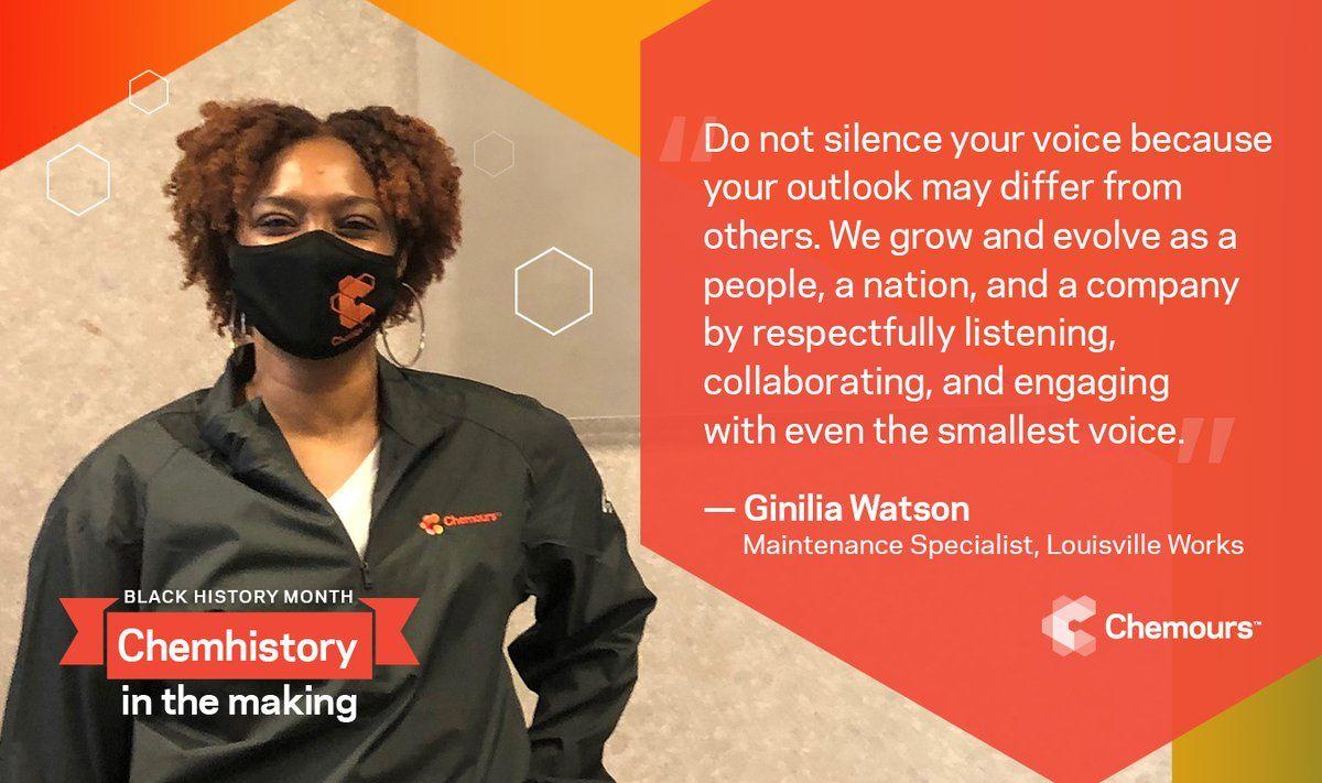 Image of Ginilia Watson with quote: "Do not silence your voice because your outlook may differ from others. We grow and evolve as a people, a nation, and a company by respectfully listening, collaborating, and engaging with even the smallest voice."