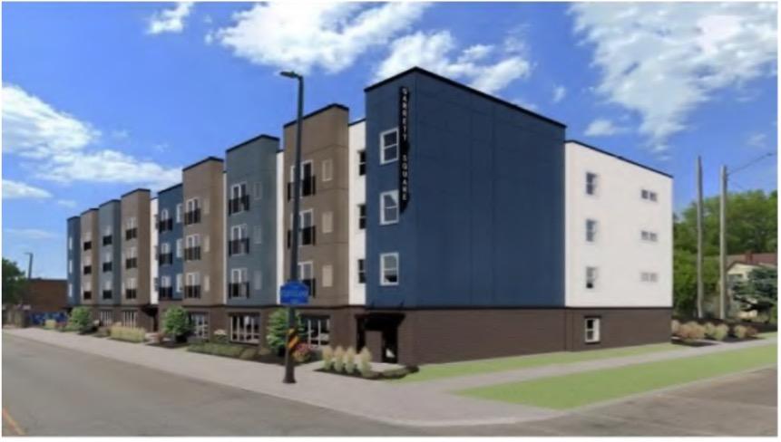 Garrett Square apartments, Cleveland. Rendering of the outside of the community.