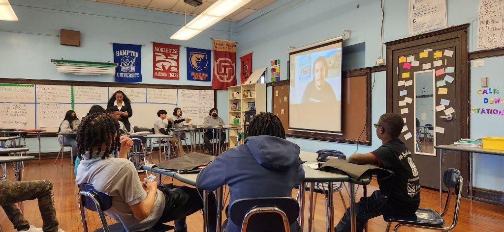 George Alvarez (on screen) speaks about his career at CNH Industrial with students from Epic Academy " "