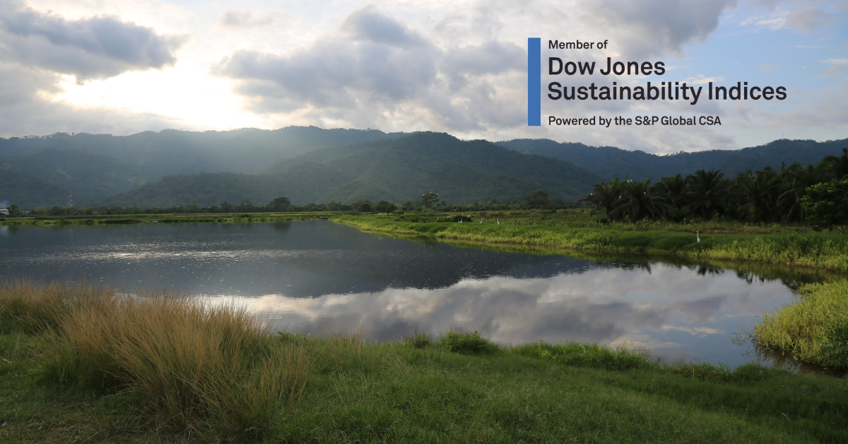 "Member of Dow Jones Sustainability Indices Powered by the S&P Global CSA" text on a backdrop of mountains and lake