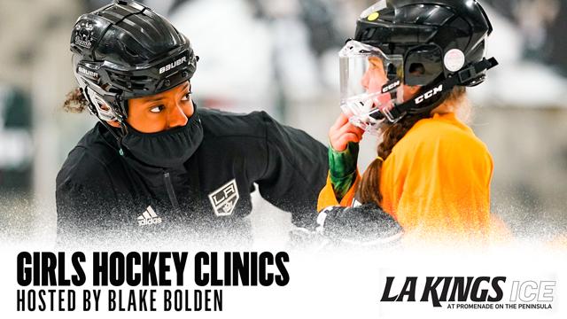 Graphic image of LA Kings scout, Blake Bolden, talking to a young girl hockey player in a yellow jersey. 