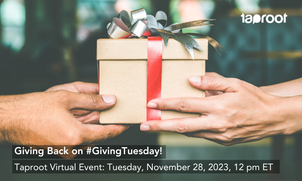 A brown gift box is passed from one set of hands to another. Overlay text promotes Taproot's #GivingTuesday volunteer event.