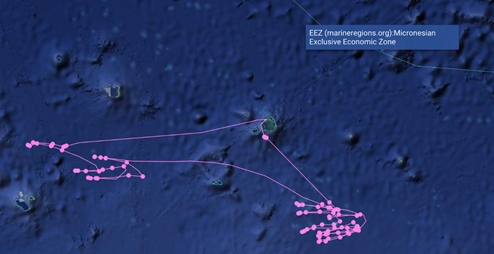 The satellite track of a fishing vessel that caught some of the tuna used to make sushi at Albertsons Companies