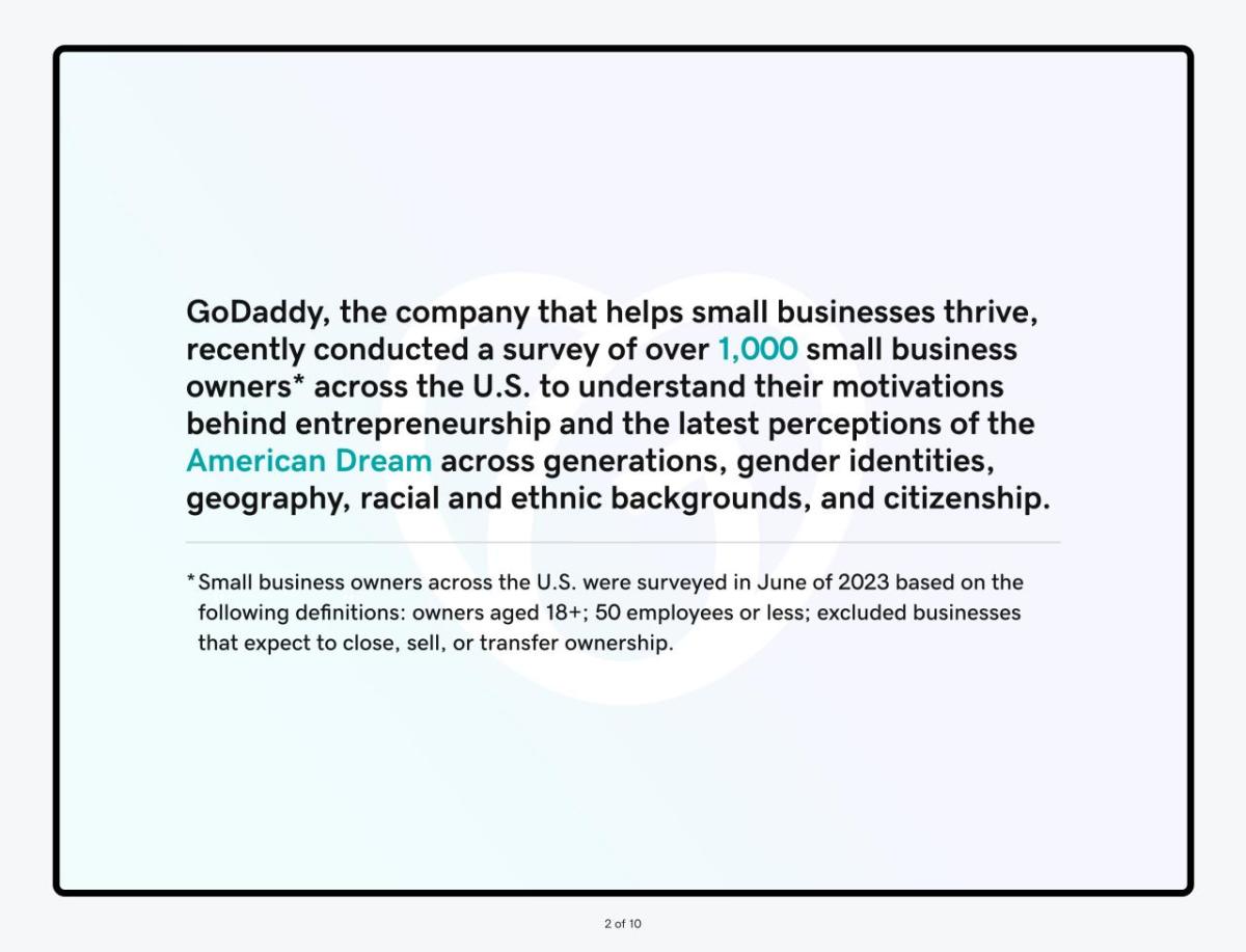 GoDaddy, the company that helps small businesses thrive. recently conducted a survey of over 1,000 small business owners* across the U.S. to understand their motivations behind entrepreneurship and the latest perceptions of the American Dream across generations, gender identities, geography, racial and ethnic backgrounds, and citizenship.