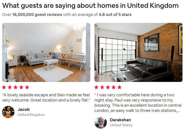 screenshot of AirBnB website, reviews of UK homes side by side
