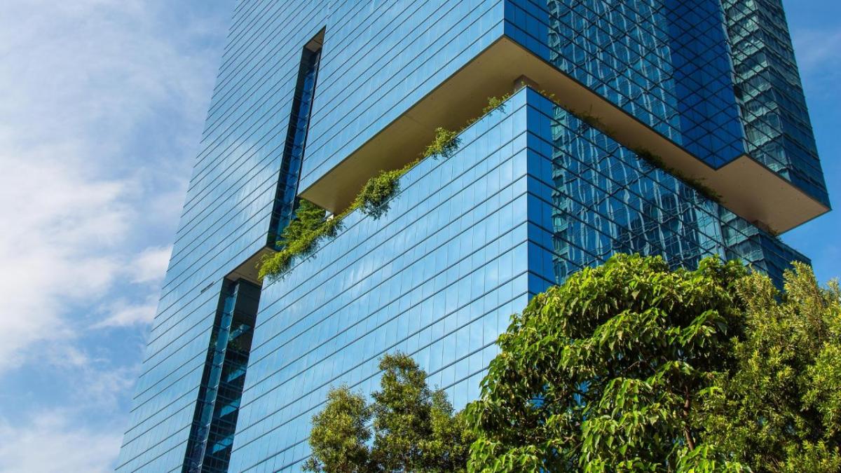 A tall office building and clouds in a blue sky behind it. Trees and plants in front and on a balcony near the middle of the building.