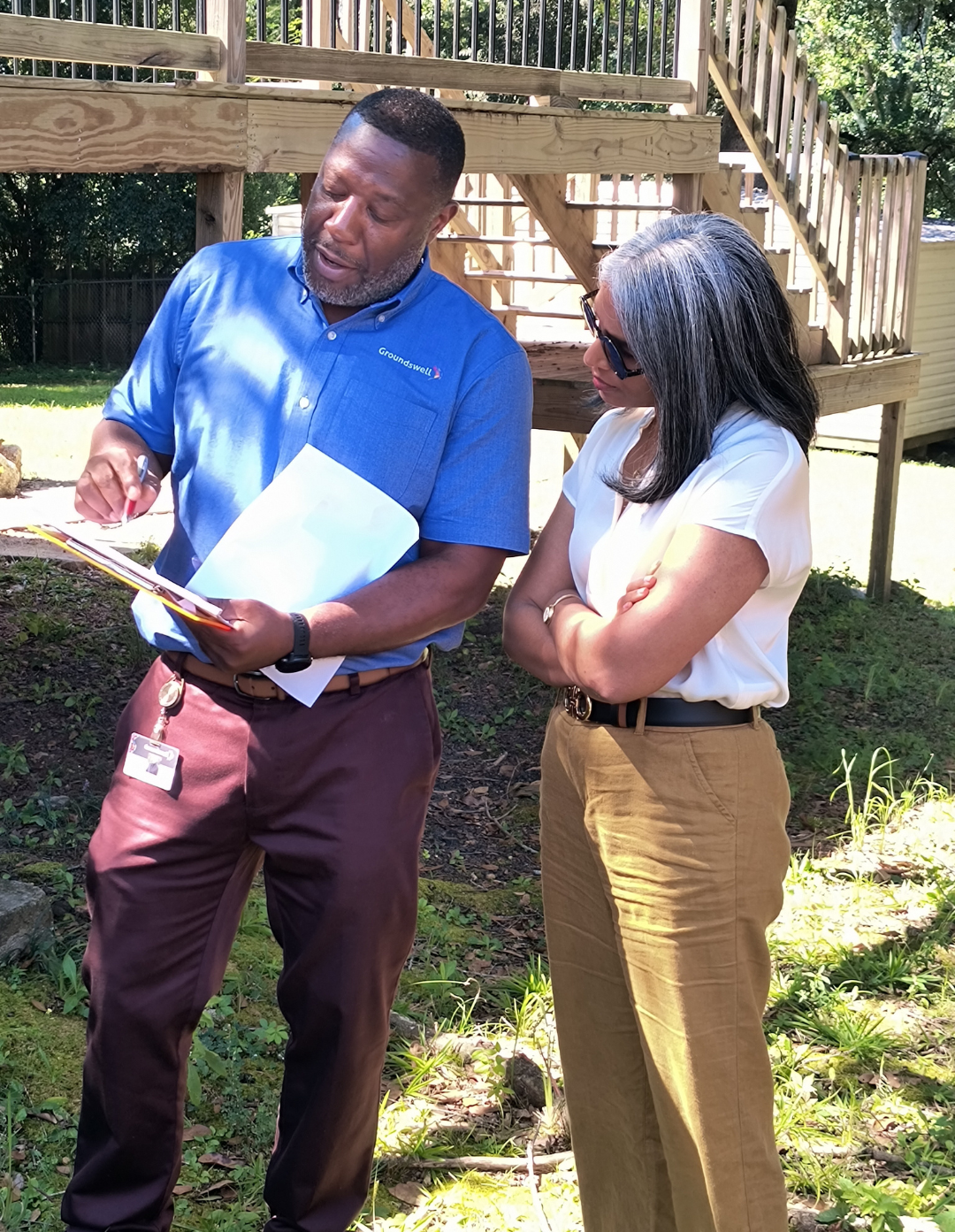 Leon Childs of Groundswell (grantee), and Sireesha Ghanta (funding team member) at House #1 in LaGrange, GA