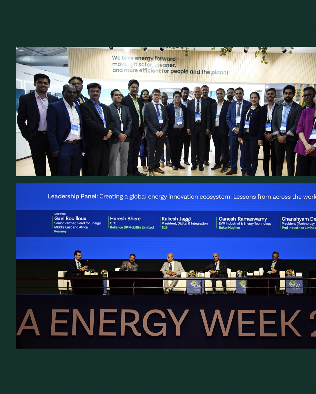 Two separate photo's from the event. The top image is people stood in a curved line for a group photo. The bottom image is people sat on stage at India Energy Week