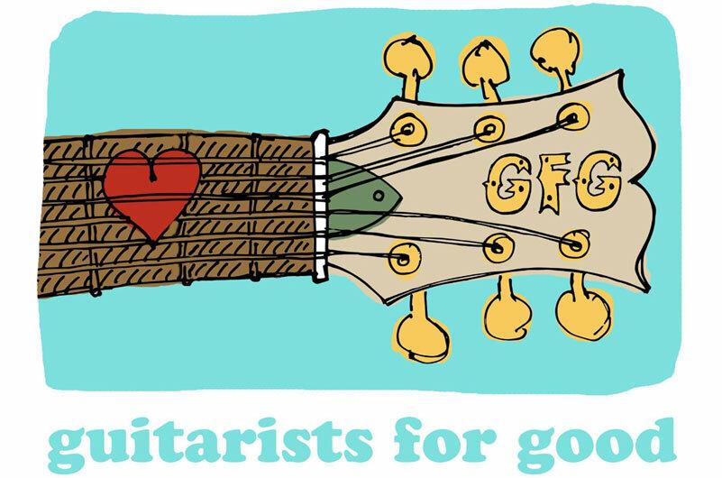 "guitarists for good" and a hand-drawn guitar with GFG on the tuning peg board and a heart-shaped pick.