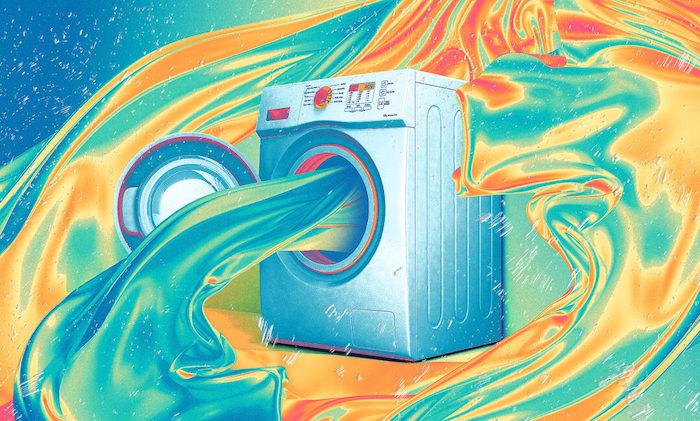 Illustration of a washing machine with water flowing out of it.