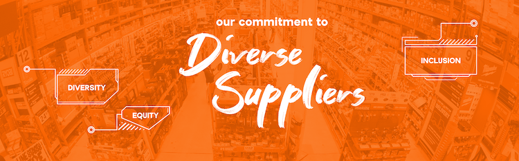 Our commitment to Diverse Suppliers: Orange back ground with small boxes with text: diversity, equity and inclusion.
