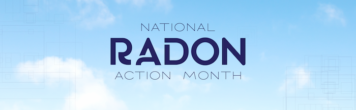 National Radon Action Month logo on a blue sky with white clouds.