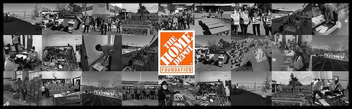 The Home Depot Foundation logo: Montage of volunteer workers from Home Depot doing assorted tasks (construction, clean up).