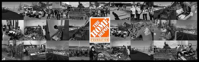 The Home Depot Foundation logo: Montage of volunteer workers from Home Depot doing assorted tasks (construction, clean up).