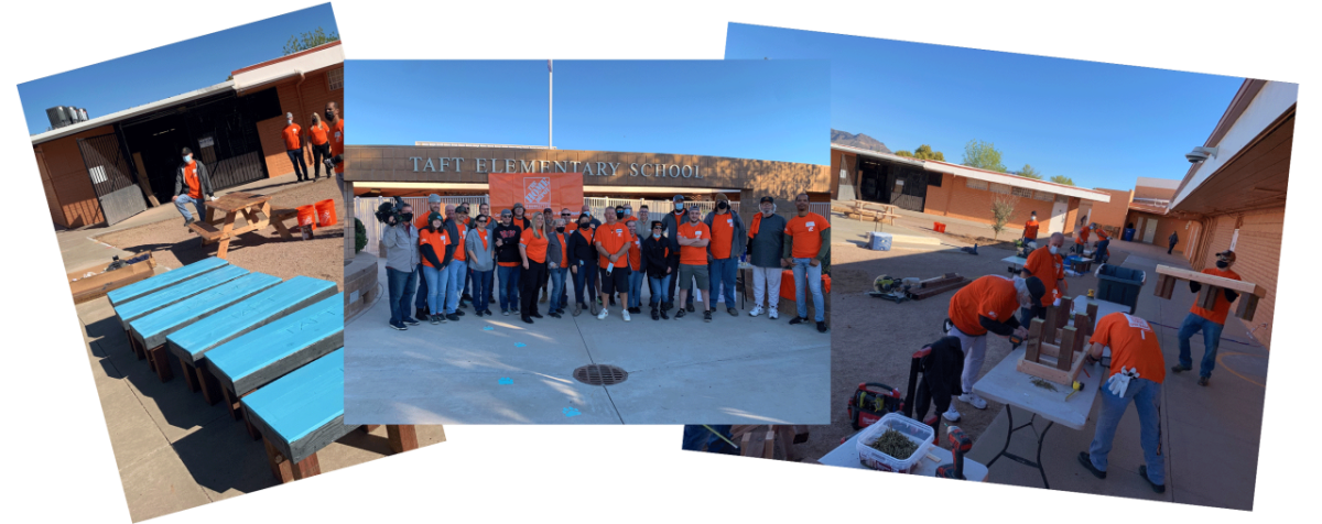 Group of Home Depot volunteers are posing in front of the Taft Elementary School where they have just completed work on several projects for the school.