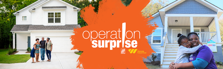 Operation Surprise logo. Family is standing in front of their newly renovated home. A woman is hugging a young girl. 