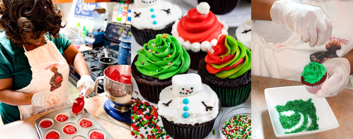 Tricia of Tricia's Sweets baking and a sampling of her holiday cupcakes.