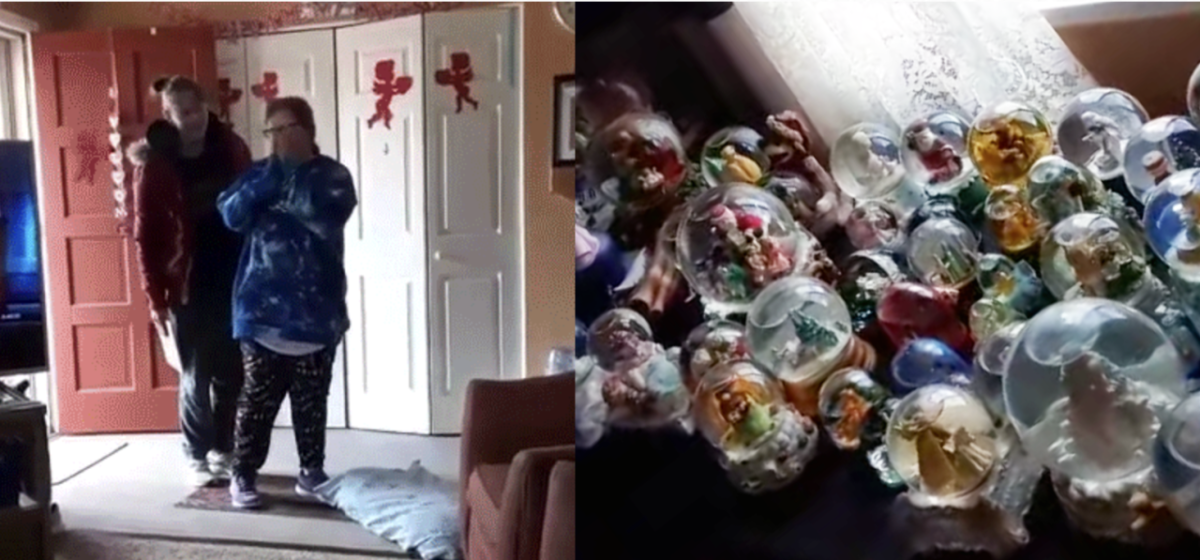 Janae and her new snow globe collection. Janae is pictured with her hands at her face in disbelief. 