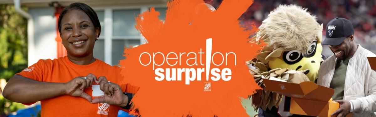 Operation Surprise logo: Woman holding her hands in the shape of a heart. Man opening a box.